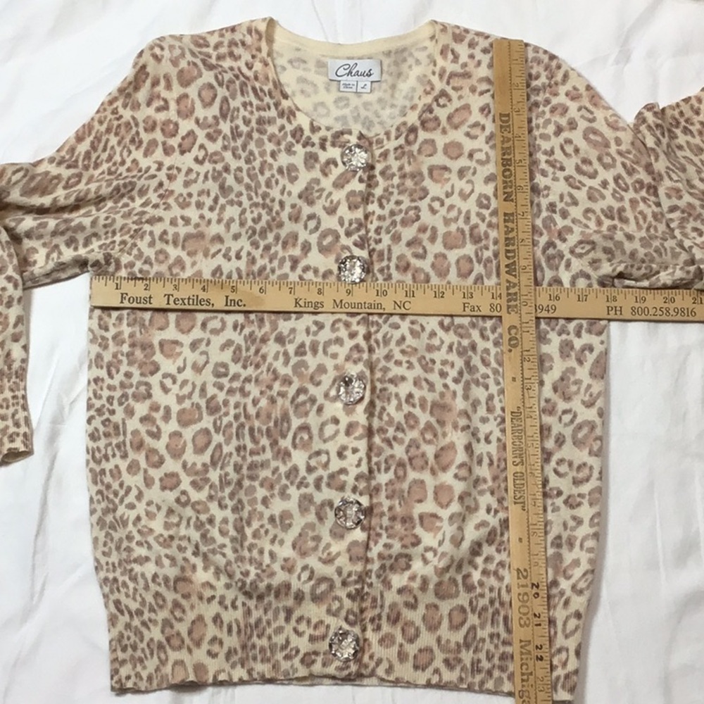 Chaus Leopard Print Silk Angora Blend 3/4 Sleeve Crystal Button Cardigan Sz.L - Picture 7 of 10